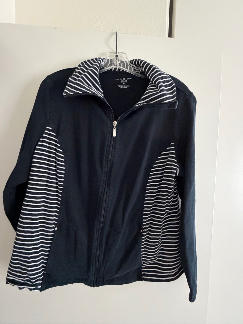Karen Scott Black Zip-Front Bomber Jacket with White Stripes Size 0X